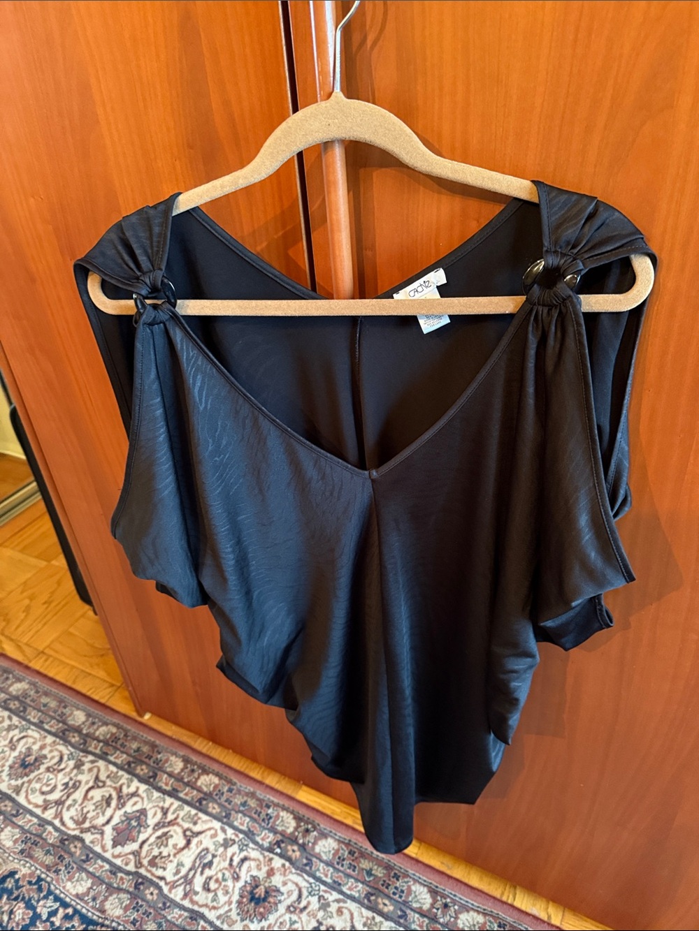 Soho Black Cold-Shoulder Blouse with Ring Accent